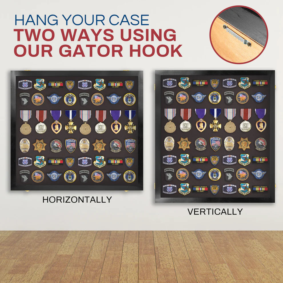 Medals, Pins, Awards, Ribbons, Insignia, & Patches Display Case - Large UV Protection Black Wood