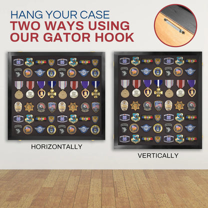 Medals, Pins, Awards, Ribbons, Insignia, & Patches Display Case - Large UV Protection Black Wood
