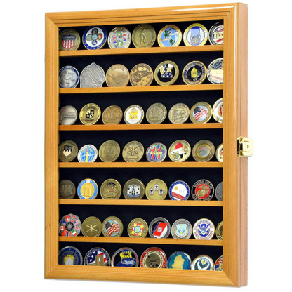 56 Military Challenge Coin Display Case Cabinet Oak UV Protection