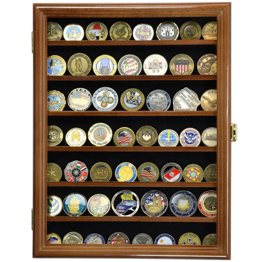 56 Military Challenge Coin Display Case Cabinet Walnut UV Protection