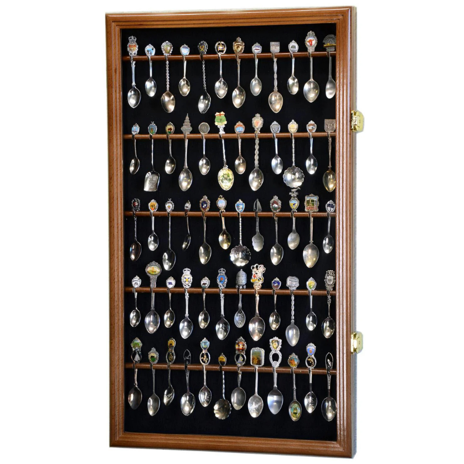 60 Souvenir Spoon Rack Display Case Cabinet UV Protection Walnut Wood