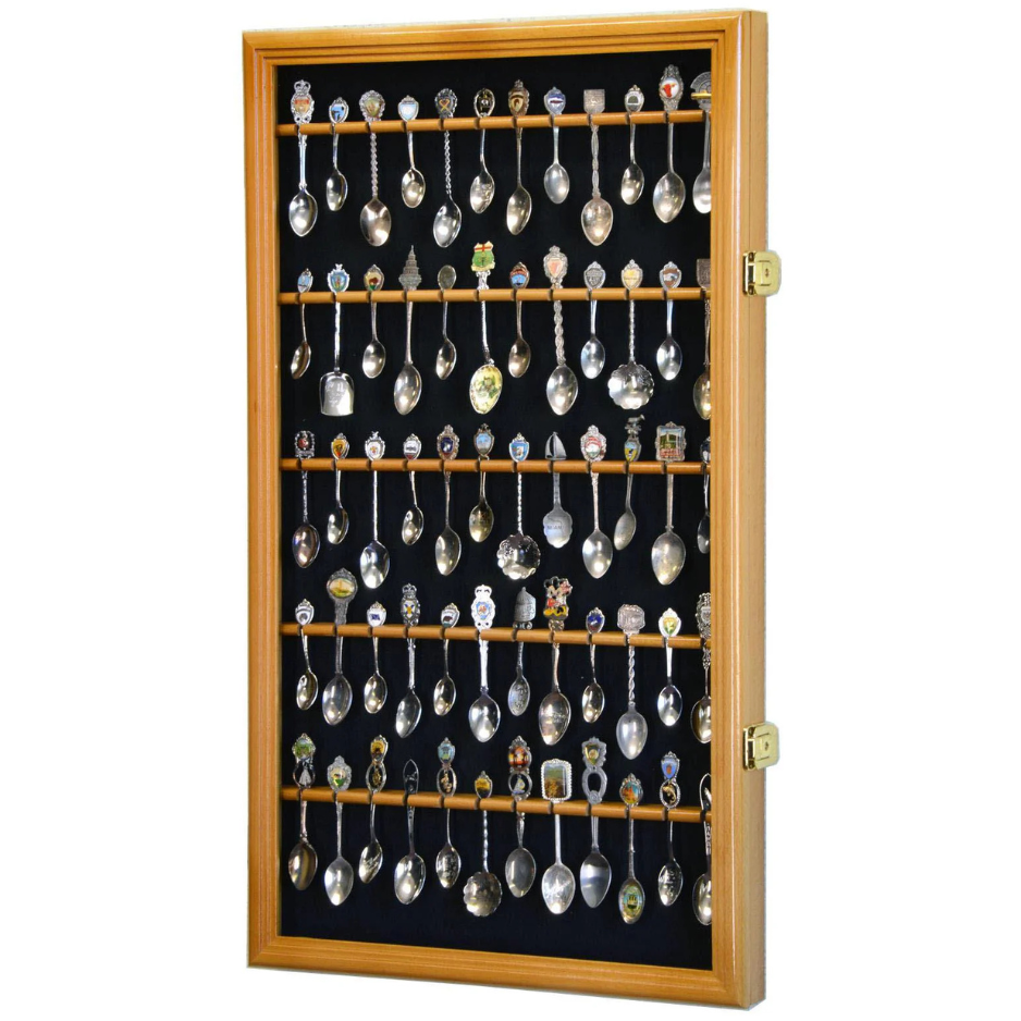60 Souvenir Spoon Rack Display Case Cabinet UV Protection Oak Wood