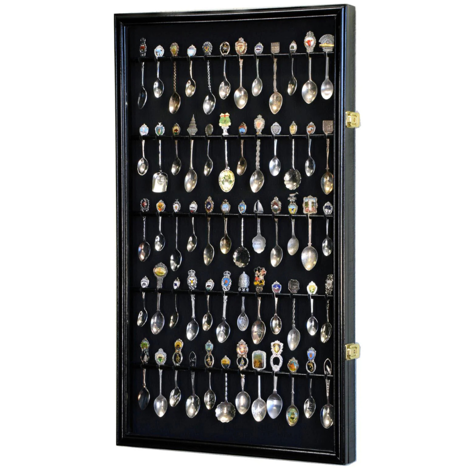 60 Souvenir Spoon Rack Display Case Cabinet UV Protection Black Wood