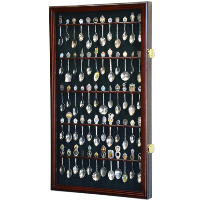 60 Souvenir Spoon Rack Display Case Cabinet UV Protection Cherry Wood