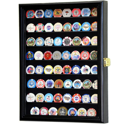 64 Casino Chip / Coin Display Case Cabinet UV Protection Black Wood