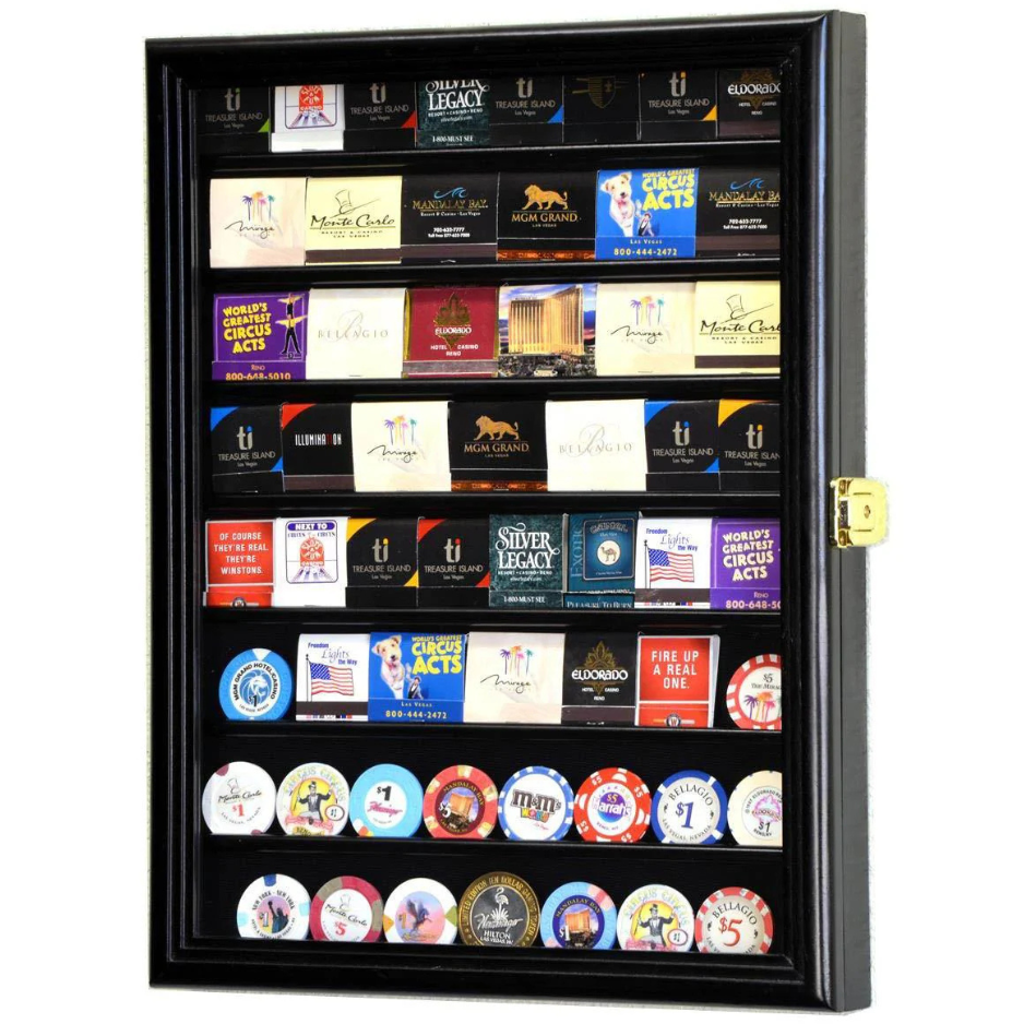 64 Matches Matchbook Display Case Cabinet UV Protection Black Wood