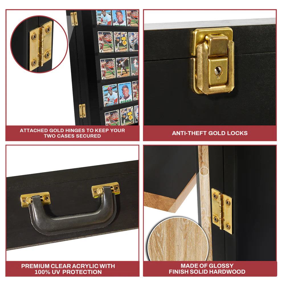 Black card display case with gold hinges and locks, featuring close-up details and text about features.