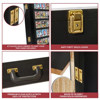 Black card display case with gold hinges and locks, featuring close-up details and text about features.