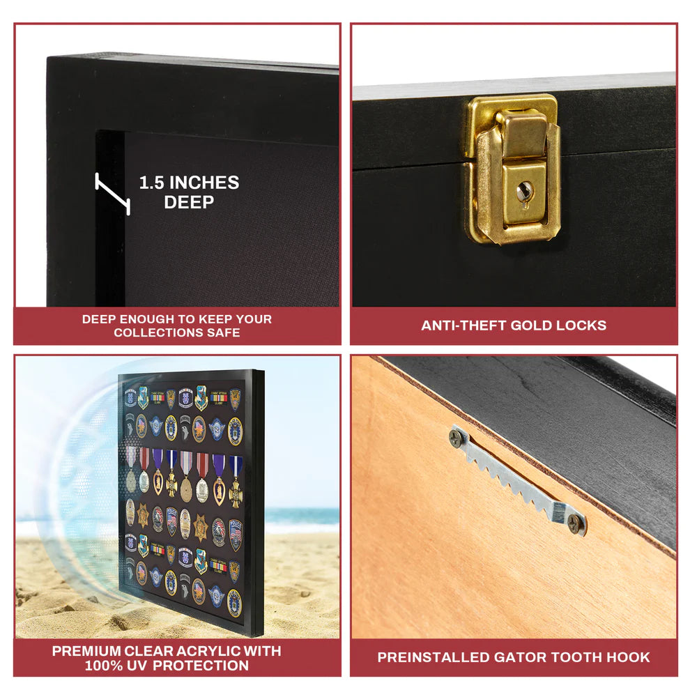 Medals, Pins, Awards, Ribbons, Insignia, & Patches Display Case - Large UV Protection Black Wood