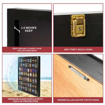Medals, Pins, Awards, Ribbons, Insignia, & Patches Display Case - Large UV Protection Black Wood