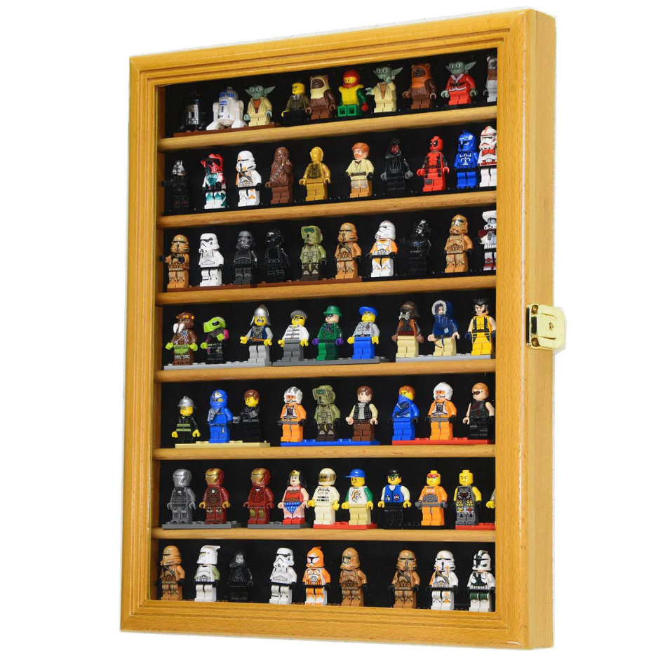 70 Mini Figures / Miniatures / Figurines Display Case Cabinet UV Protection Lego Oak Wood