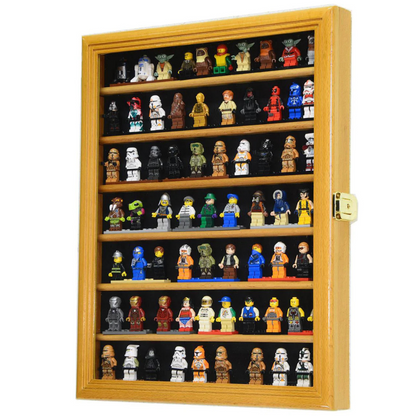 70 Mini Figures / Miniatures / Figurines Display Case Cabinet UV Protection Lego Oak Wood