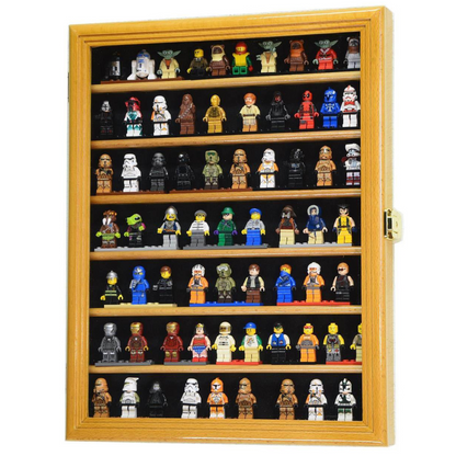 70 Mini Figures / Miniatures / Figurines Display Case Cabinet UV Protection Lego Oak Wood