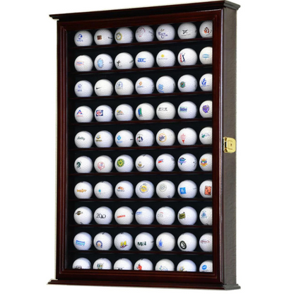 Cherry golf ball display case cabinet with UV Protection. 70 golf balls featuring various logos on a white background