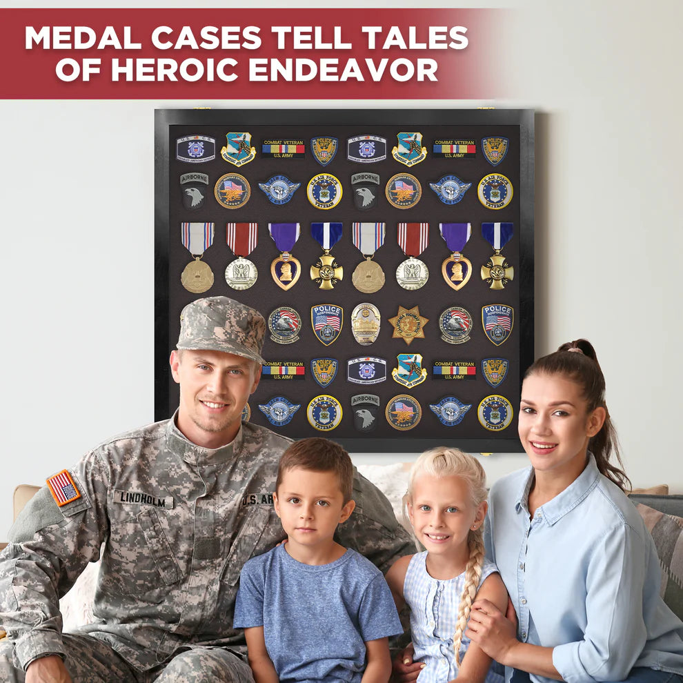 Medals, Pins, Awards, Ribbons, Insignia, & Patches Display Case - Large UV Protection Black Wood