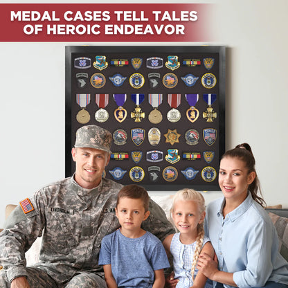 Medals, Pins, Awards, Ribbons, Insignia, & Patches Display Case - Large UV Protection Black Wood