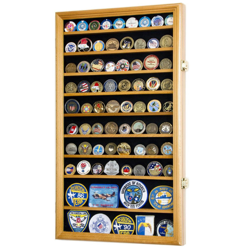88 Military Challenge Coin Display Case Cabinet Oak UV Protection Oak