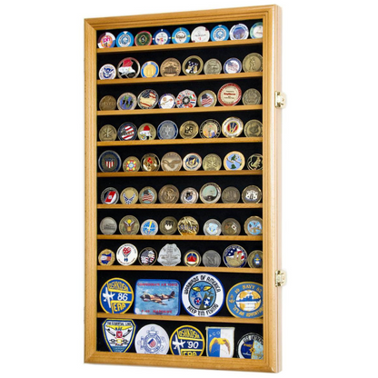 88 Military Challenge Coin Display Case Cabinet Oak UV Protection Oak