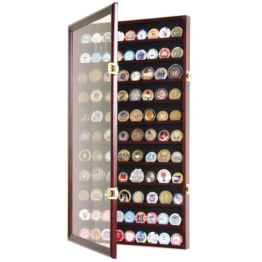 88 Military Challenge Coin Display Case Cabinet Oak UV Protection