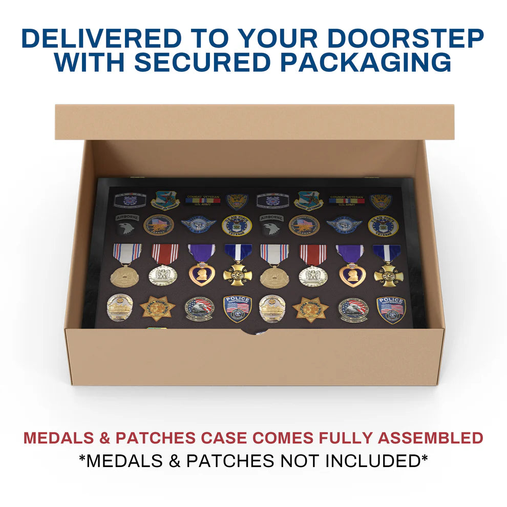 Medals, Pins, Awards, Ribbons, Insignia, & Patches Display Case - Large UV Protection Black Wood