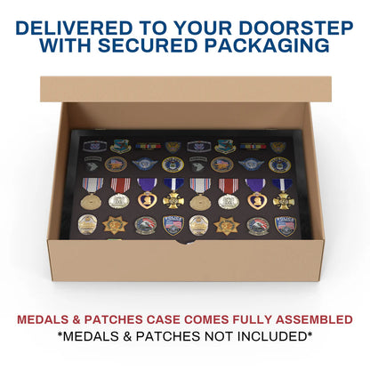 Medals, Pins, Awards, Ribbons, Insignia, & Patches Display Case - Large UV Protection Black Wood