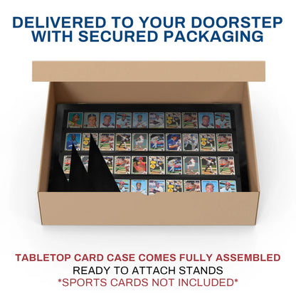 Tabletop card case with sports cards inside, delivered with secured packaging.