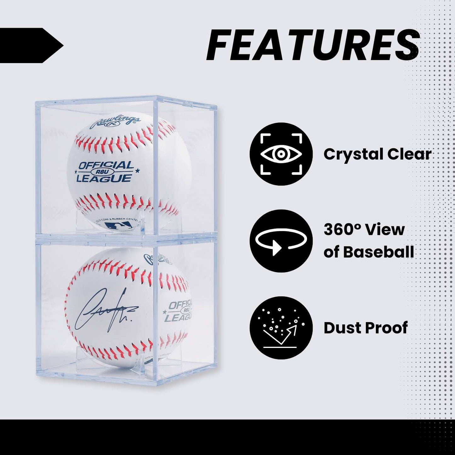 Clear display case with baseballs, featuring crystal clear, 360-degree view, and dust-proof features.