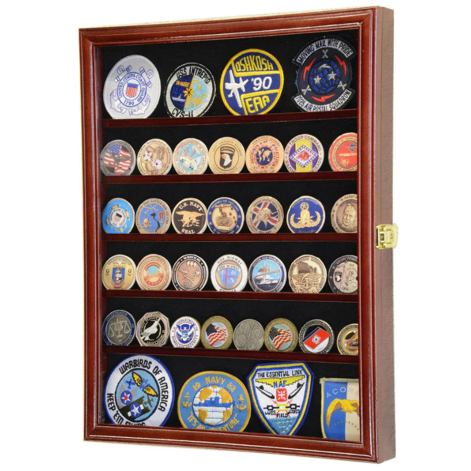 Challenge Coin / Medals / Pins / Badges / Ribbons / Insignia /Combo Display Case Cabinet UV Protection cherry Wood