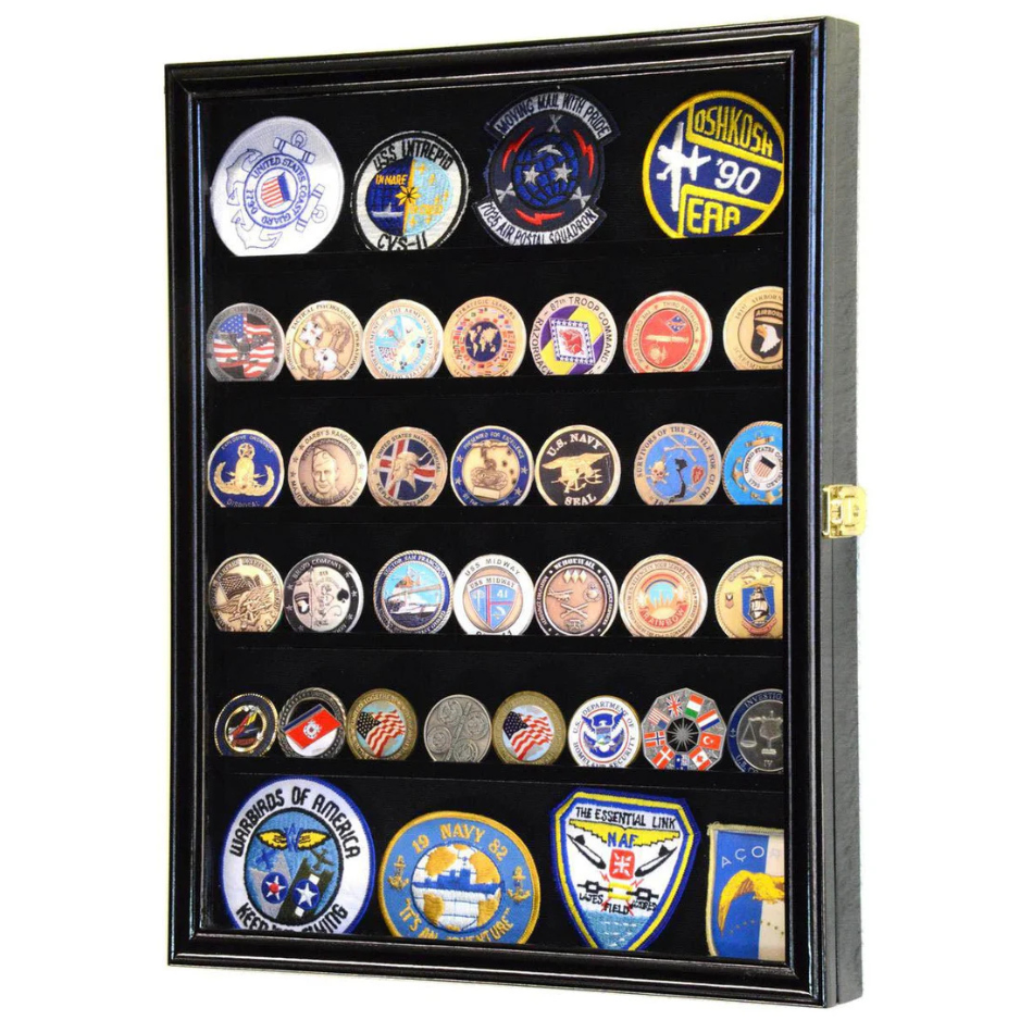 Challenge Coin / Medals / Pins / Badges / Ribbons / Insignia /Combo Display Case Cabinet UV Protection black Wood