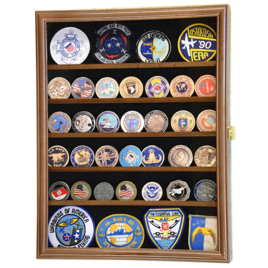 Challenge Coin / Medals / Pins / Badges / Ribbons / Insignia /Combo Display Case Cabinet UV Protection walnut Wood