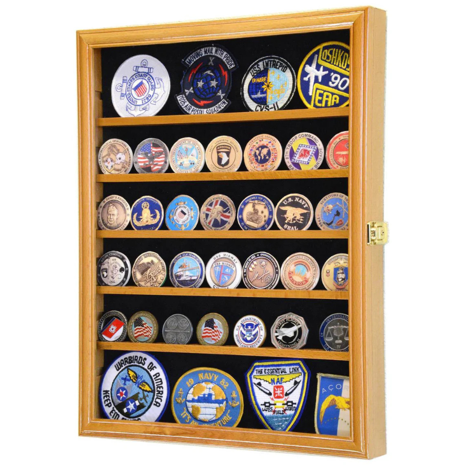 Challenge Coin / Medals / Pins / Badges / Ribbons / Insignia /Combo Display Case Cabinet UV Protection Oak Wood