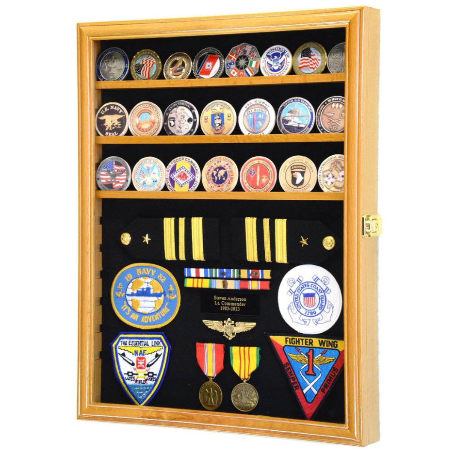Challenge Coin / Medals / Pins / Badges / Ribbons / Insignia /Combo Display Case Cabinet UV Protection Oak Wood