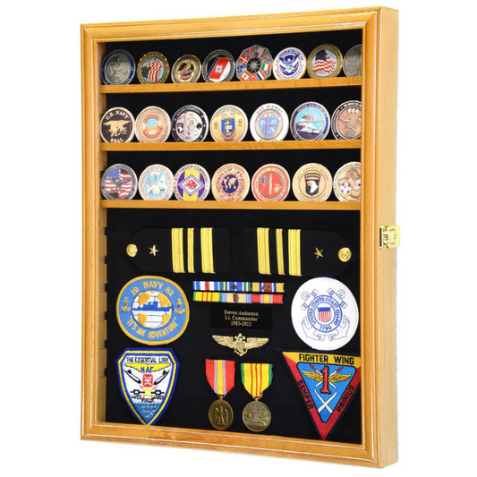 Challenge Coin / Medals / Pins / Badges / Ribbons / Insignia /Combo Display Case Cabinet UV Protection Oak Wood
