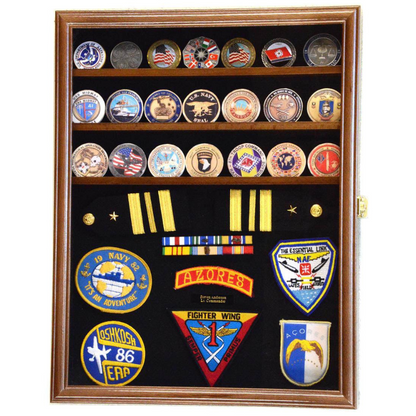 Challenge Coin / Medals / Pins / Badges / Ribbons / Insignia /Combo Display Case Cabinet UV Protection walnut Wood