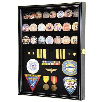 Challenge Coin / Medals / Pins / Badges / Ribbons / Insignia /Combo Display Case Cabinet UV Protection black Wood