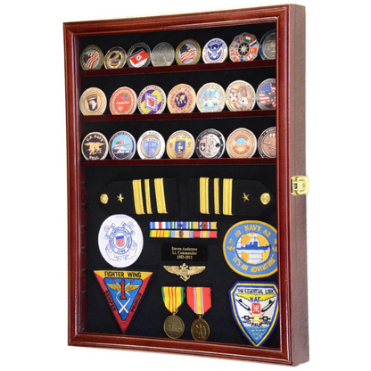 Challenge Coin / Medals / Pins / Badges / Ribbons / Insignia /Combo Display Case Cabinet UV Protection cherry Wood