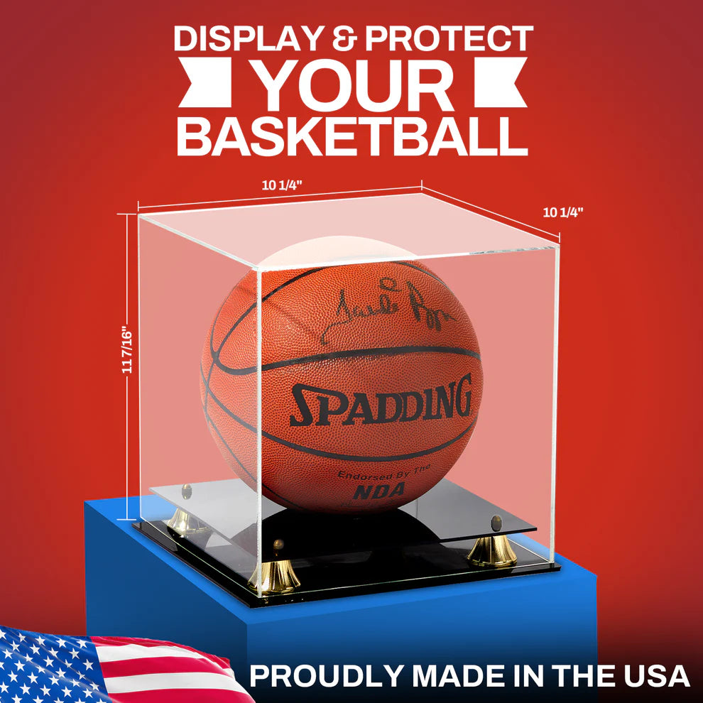 Clear Acrylic Basketball Case Display Gold Risers UV Protection NBA NCAA 