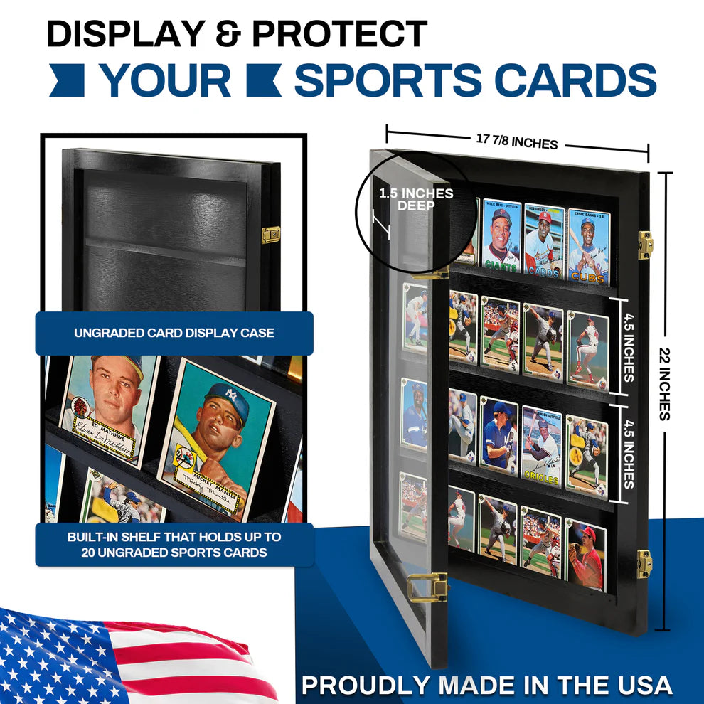 Sports card display case with dimensions and card holder capacity, made in the USA.