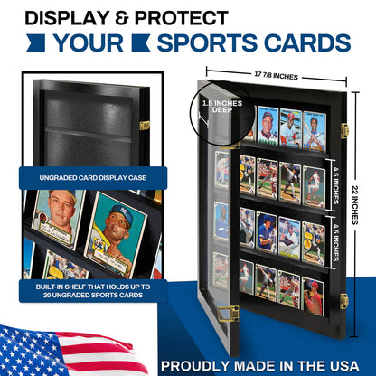 Sports card display case with dimensions and card holder capacity, made in the USA.