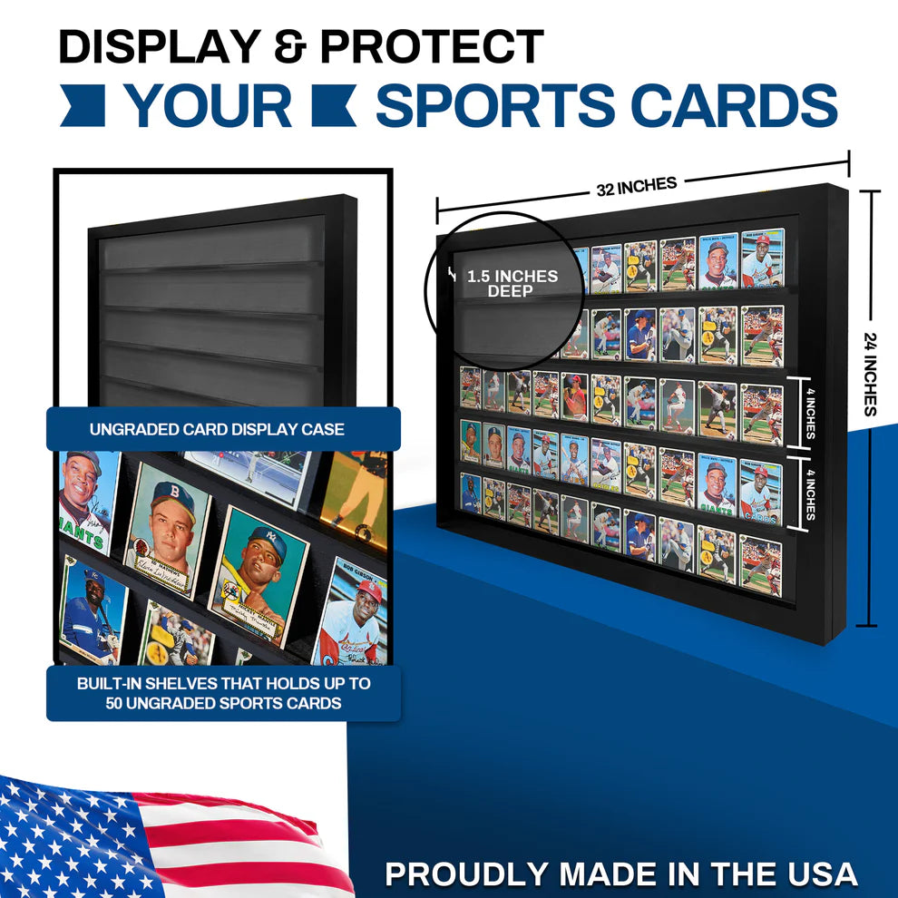 Sports card display case with dimensions and card holder capacity, made in the USA.