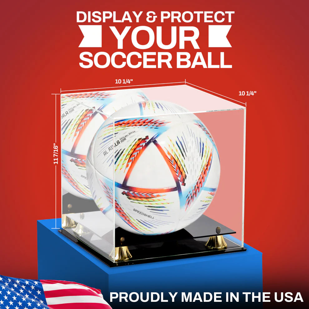 Acrylic Soccer Display Case With Black Base Gold Riser UV Protection Acrylic