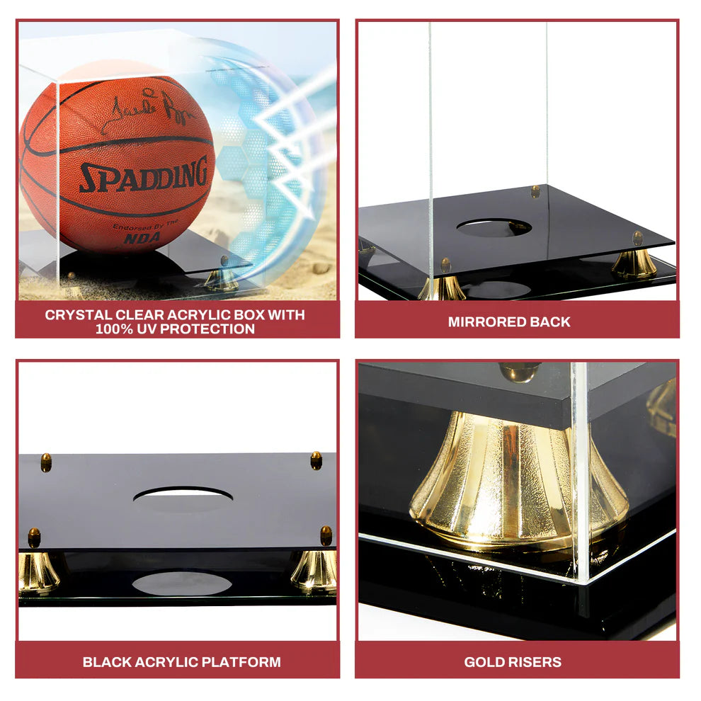 Clear Acrylic Basketball Case Display Gold Risers UV Protection NBA NCAA 