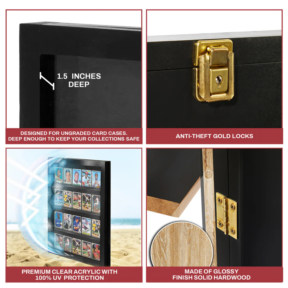 Black display case with gold locks, showing details like depth, anti-theft feature, and UV protection.