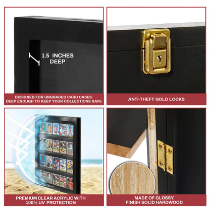 Black display case with gold locks, showing details like depth, anti-theft feature, and UV protection.
