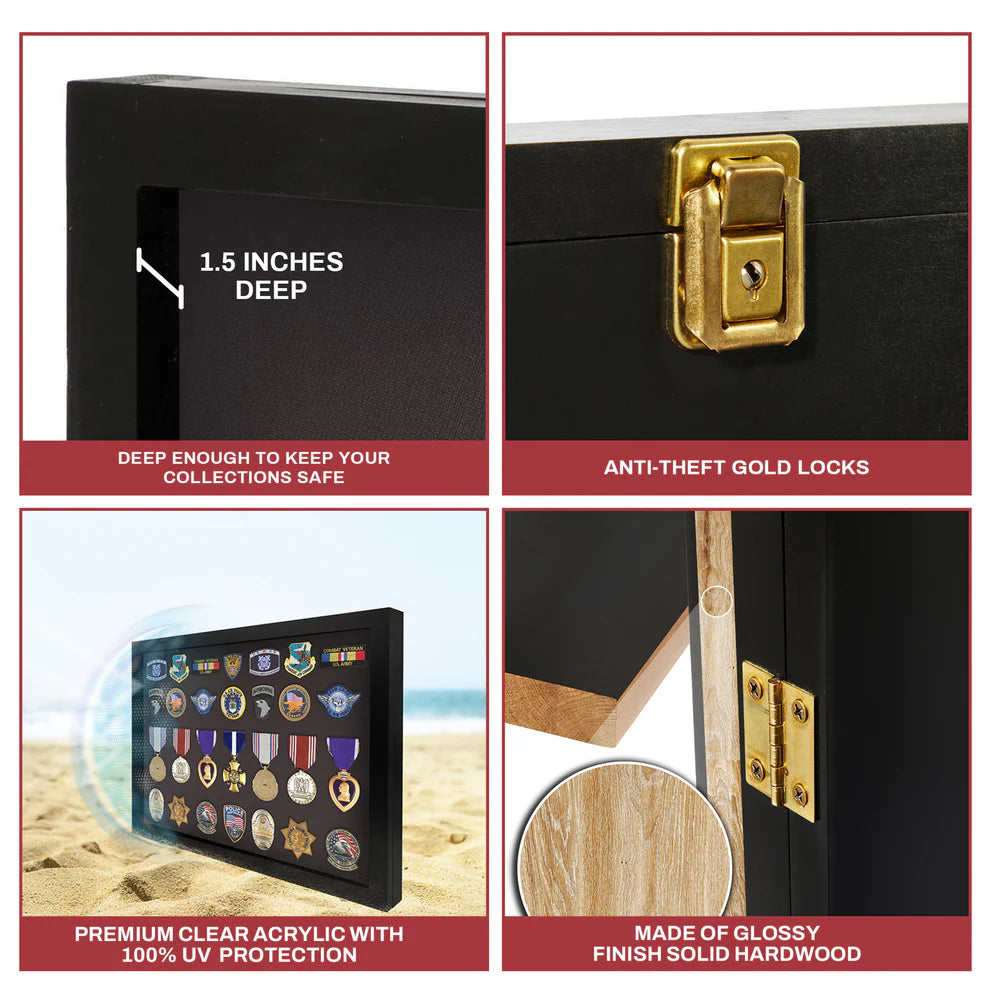 Medals, Pins, Awards, Ribbons, Insignia, & Patches Display Case - Medium UV Protection Black Wood