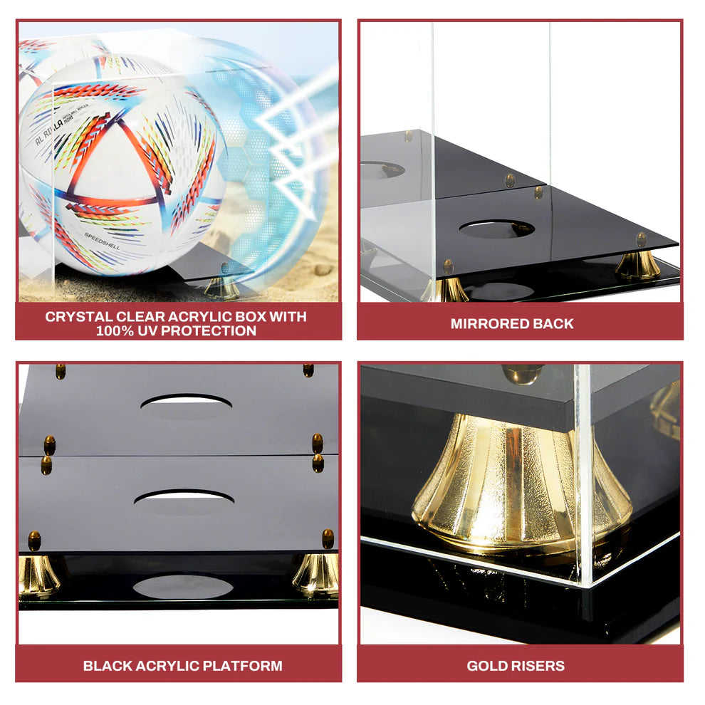 Acrylic Soccer Display Case With Black Base Gold Riser UV Protection Acrylic