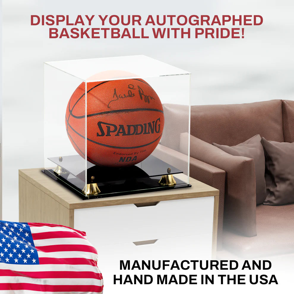Clear Acrylic Basketball Case Display Gold Risers UV Protection NBA NCAA 