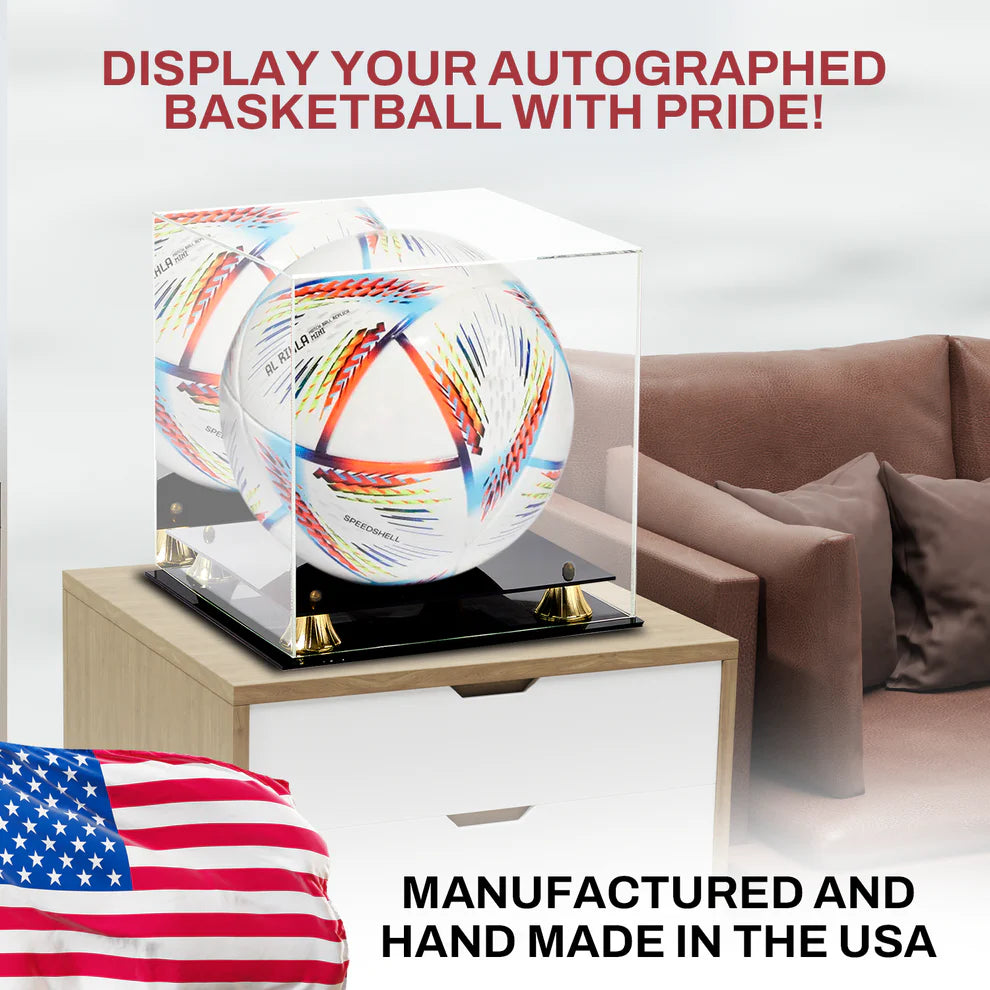 Acrylic Soccer Display Case With Black Base Gold Riser UV Protection Acrylic