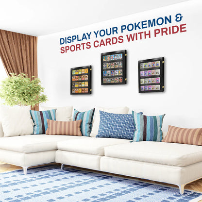 Living room with a white sofa and decorative pillows, featuring wall-mounted display cases for Pokemon and sports cards.