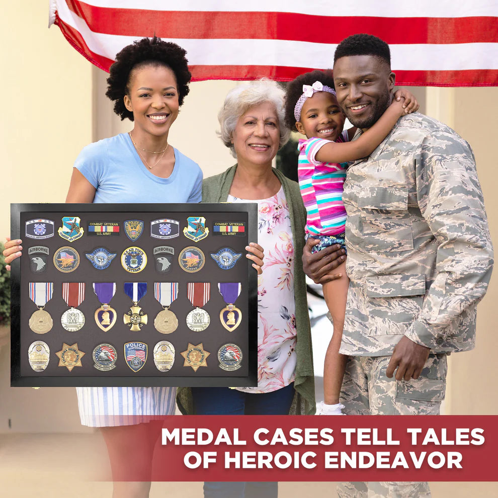 Medals, Pins, Awards, Ribbons, Insignia, & Patches Display Case - Medium UV Protection Black Wood